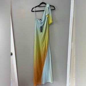 BCBGMaxAzria chiffon one shoulder evening dress